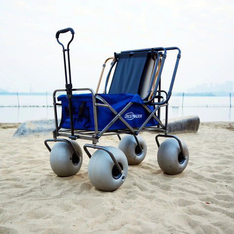 Balloon Wheel Beach Wagon With Chair Racks Collapsible Fishing Cart for Sand Heavy Duty 300 lb Capacity on sandy beach.