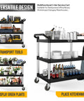 Heavy Duty Three Tier Plastic Utility Cart With Wheels, capable of 450 lbs, in use for kitchenware and tools organization.