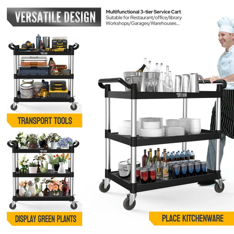 Heavy Duty Three Tier Plastic Utility Cart With Wheels, capable of 450 lbs, in use for kitchenware and tools organization.
