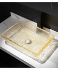 Go Big Or Go Home Bathroom Remodel With This Premium Crystal Glass Vessel Basin Featuring Tough Rectangular Design Heavy Duty Construction Smooth Pop Up Drain And Shatter Proof Build That Seriously Slaps, 46x33x11cm rectangular glass sink.