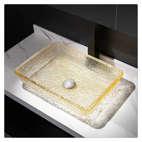 Go Big Or Go Home Bathroom Remodel With This Premium Crystal Glass Vessel Basin Featuring Tough Rectangular Design Heavy Duty Construction Smooth Pop Up Drain And Shatter Proof Build That Seriously Slaps, 46x33x11cm rectangular glass sink.