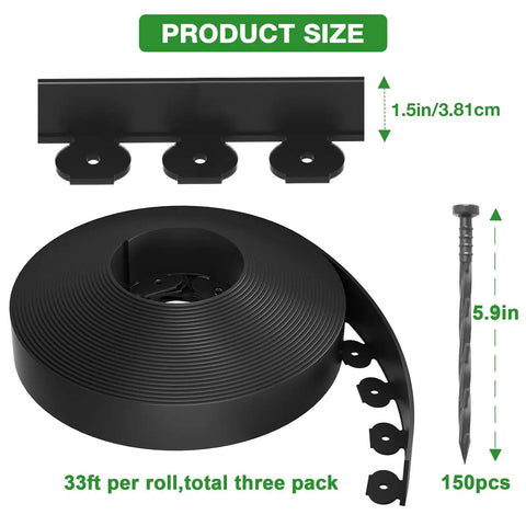 No Dig Landscape Edging Kit With 3 Rolls 33 Feet Each And 150 Spikes showing product dimensions