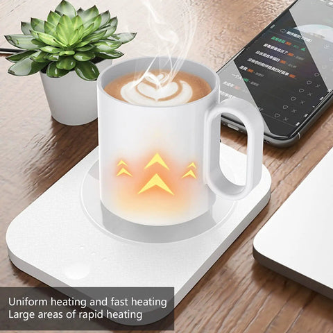 Kick Those Cold Coffee Sips To The Curb With This Electric Desk Mug Warmer featuring three custom temperature settings, hot coffee in white mug.