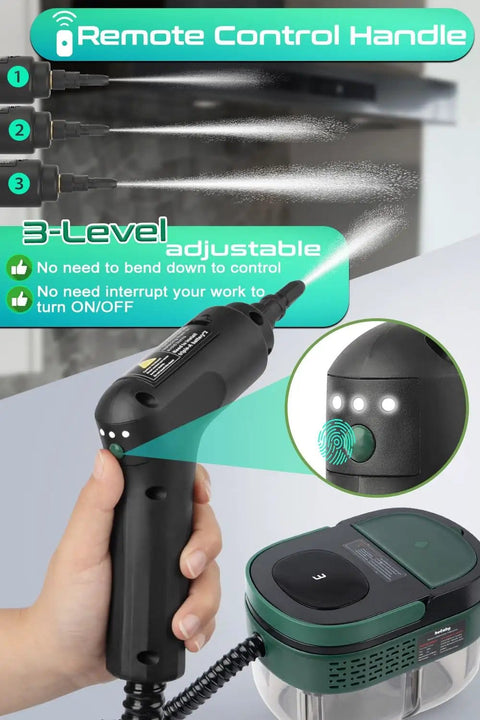 Hands Free Handheld Steam Cleaner with Handle Control One Point Six Liter Large Water Tank, 3 Level Steam Output, Dark Green