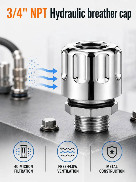 Vourtm 3/4 Npt Hydraulic Breather Cap With 40 Micron Filtration Vent Cover on metal surface for heavy machinery use.