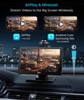Effortless 9 Inch Wireless Apple CarPlay And Android Auto Screen showing AirPlay and Miracast on car dashboard.