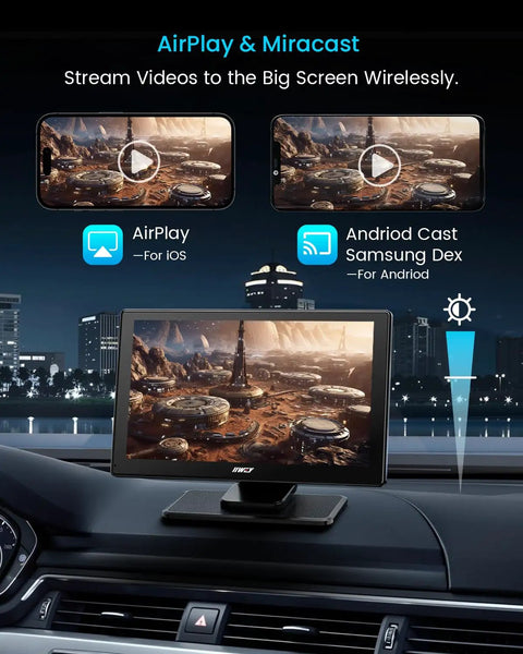 Effortless 9 Inch Wireless Apple CarPlay And Android Auto Screen showing AirPlay and Miracast on car dashboard.