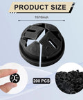 200 Pack Non Metallic Push In Cable Connectors Three Eighths Inch Trade Size Plastic Electrical Box Wire Inserts Button Push In NM Cable Connector For One Half Inch Knockouts Black showing product size and pieces