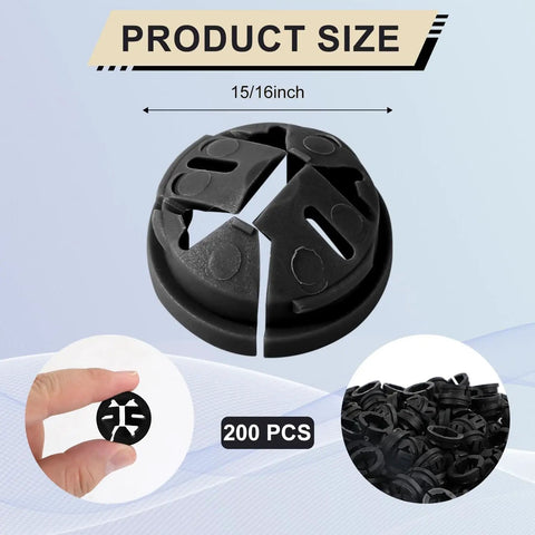 200 Pack Non Metallic Push In Cable Connectors Three Eighths Inch Trade Size Plastic Electrical Box Wire Inserts Button Push In NM Cable Connector For One Half Inch Knockouts Black showing product size and pieces