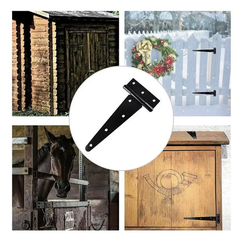 Beefy Heavy Duty Black Iron T Hinge With Screws For Outdoor Fencing And Barn Doors Rustproof Gate Hardware with images of usage.