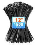 Heavy Duty Self Locking Nylon Zip Ties 1500 Piece Set 12 Inch Long Black Cable Ties With Fifty Pound Tensile Strength UV Resistant