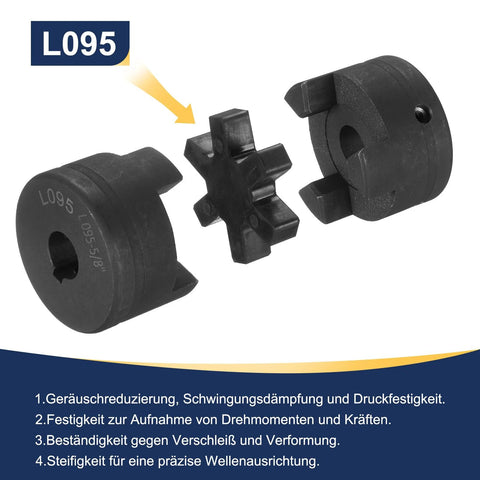 Exploded view of uxcell L095 flexible 3-piece L-jaw coupling set with Buna-N rubber spider, black automotive components