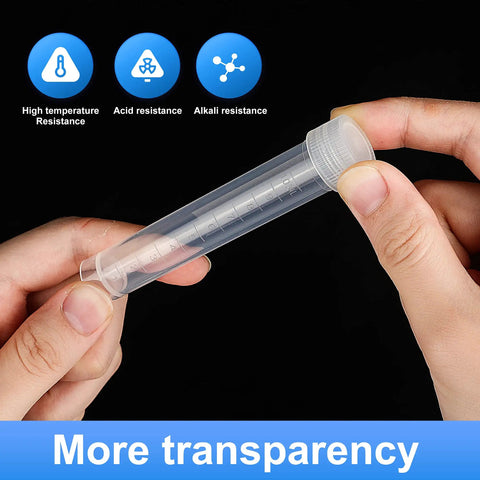 10 Pack 10ml Frozen Lab Test Tubes With Sealing Caps, Clear Plastic Vials For Laboratory Use, School Education And Research, Safe Long Term Storage, Easy Read Volume Scale, clear PP tube held by hand