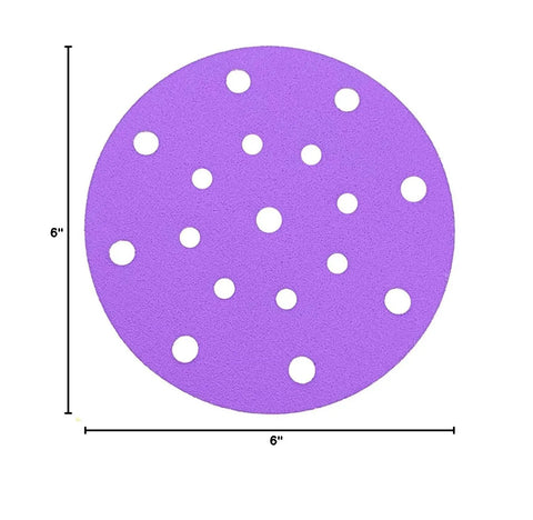 Get Ready For A Slick Finish With These 100 Super Smooth Six Inch Sanding Discs Using Grits From 80 To 600 That Hook And Loop Perfectly For Both Wet Or Dry Jobs On Wood Metal Or Drywall Without Any Mess - 6 inch purple sanding disc with dust holes.