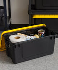 Top Shelf 21 Gallon Storage Totes 4 Pack Heavy Duty Lockable Bins With Airtight Weatherproof Gasket Seal Keeps Your Loot Safe And Sound Black Yellow Made In Usa, open bin with supplies inside.