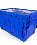 Rock Solid Heavy Duty 18 Gallon Plastic Tote With Handy Hinged Flip Lids Stackable Warehouse Storage Bins Pack Of Three shown stacked.