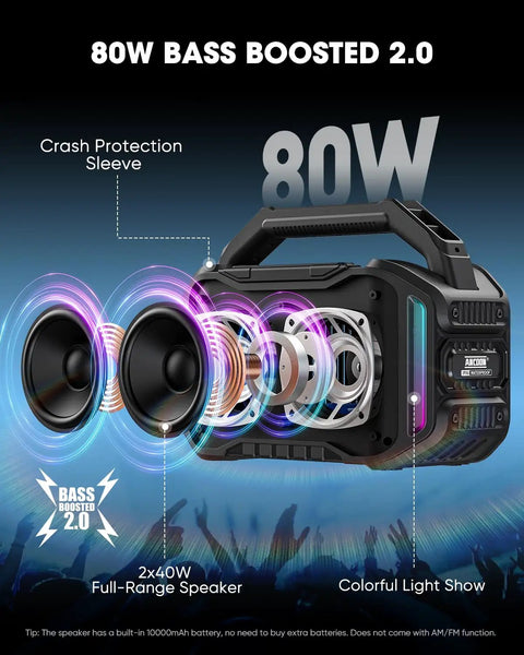 Rugged Bluetooth Wireless Speaker With 80W Peak Power And Dope Bass, 20 Hours Play Time, IPX6 Waterproof, color lighting effects
