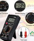 Pocket Digital Multimeter With Backlit LCD Display And Test Leads All In One Voltage Meter showing display, input terminals, and test leads