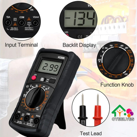 Pocket Digital Multimeter With Backlit LCD Display And Test Leads All In One Voltage Meter showing display, input terminals, and test leads