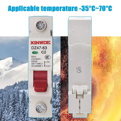 Front and side view of One-Pole 2A Miniature Circuit Breaker for home circuits, DIN Rail Mount DZ47-63, temperature range -35°C to 70°C.