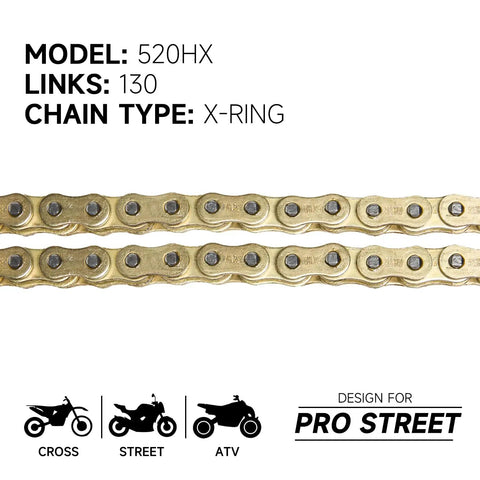 520 X Ring Motorcycle Chain Pro Street HX Series 130 Links with master link and chain breaker kit, gold X-ring design
