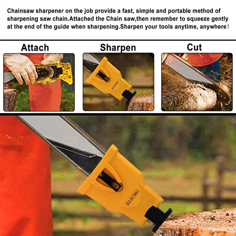 Portable Teeth Chainsaw Sharpener With Bar Mount For Fast Sharpening Fits 14 16 18 20 Inch Chainsaws, two holes bar, in use.