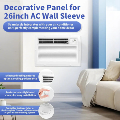Decorative panel for 26 Inch PTAC Wall Sleeve for through the wall AC unit installation in a residential living room setting.