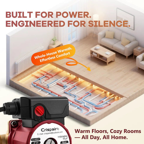 Solid Build 1/8 HP Hot Water Recirculating Pump With 115 Volt 20 Foot Cord And 1 1/4 Inch NPSM Connections shown in cozy home plumbing system.
