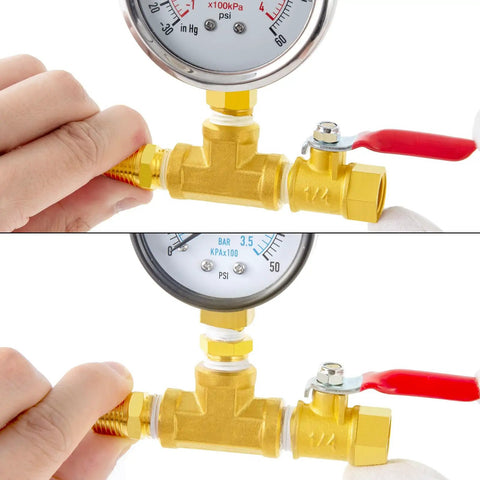 One Quarter Inch NPT Brass Pipe Fitting Kit With Two Ball Valves, Two Hex Bushings, pressure gauge, and hose fitting in use