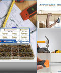 M4 Wood Screws Assortment Kit 340 Pcs With 7 Lengths for woodworking, shown with tools like drill, hammer, screwdriver