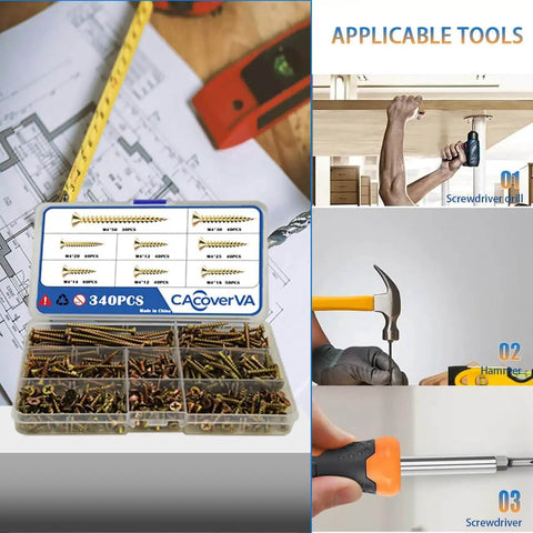 M4 Wood Screws Assortment Kit 340 Pcs With 7 Lengths for woodworking, shown with tools like drill, hammer, screwdriver