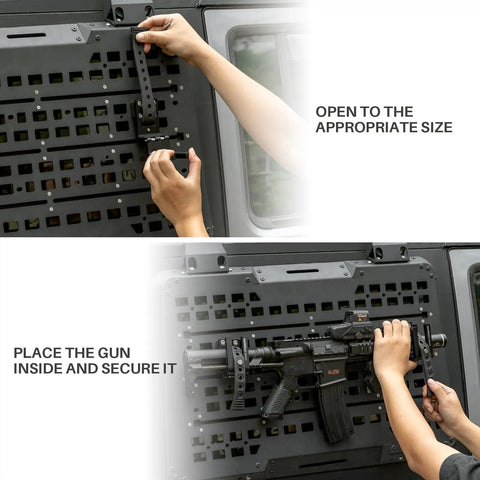 Installation of 2 Pack Tactical Gun Rack For MOLLE Panels Automotive Rifle Holder For Cars Featuring Rubber Straps
