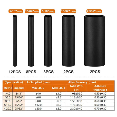 UL Listed Extra Long Heat Shrink Tubing Kit With Adhesive Lined Marine Grade Waterproof Seal 4 To 1 Shrink Ratio Five Sizes Chart