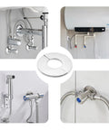 Top Shelf 304 Stainless Steel Pipe Trim Ring Self Adhesive Escutcheon Plate on plumbing connections in a bathroom setting.