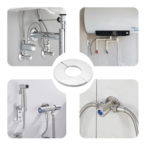 Top Shelf 304 Stainless Steel Pipe Trim Ring Self Adhesive Escutcheon Plate on plumbing connections in a bathroom setting.