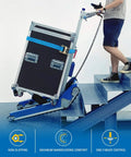 User operating Heavy Duty Electric Stair Climbing Hand Truck With Dual Motors and Smart Load Balancing Board, moving a heavy case upstairs.