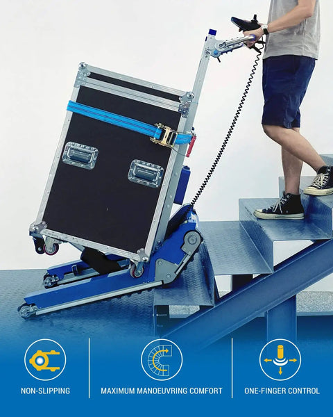User operating Heavy Duty Electric Stair Climbing Hand Truck With Dual Motors and Smart Load Balancing Board, moving a heavy case upstairs.