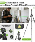 Bluetooth Green Laser Measuring Tool With 395 Ft Range S120-G-BT, No Fuss Smart App Control For Quick Measurements, Instant Phone Sync, Group Data Access, Annotated Photos, And Easy Sketching. 60-inch tripod shown with bubble levels and 1/4-20 thread.