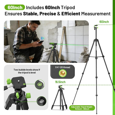Bluetooth Green Laser Measuring Tool With 395 Ft Range S120-G-BT, No Fuss Smart App Control For Quick Measurements, Instant Phone Sync, Group Data Access, Annotated Photos, And Easy Sketching. 60-inch tripod shown with bubble levels and 1/4-20 thread.