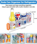 Soda can organizer with handle, fits in fridge, holds bottles and cans, dimensions shown, transparent design with orange handle