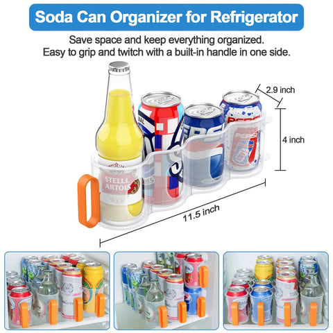 Soda can organizer with handle, fits in fridge, holds bottles and cans, dimensions shown, transparent design with orange handle