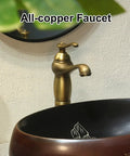 Oval Ceramic Vessel Sink for Bathroom Vanity, Retro Art Countertop Sink Bowl with Faucet close-up with all-copper faucet.