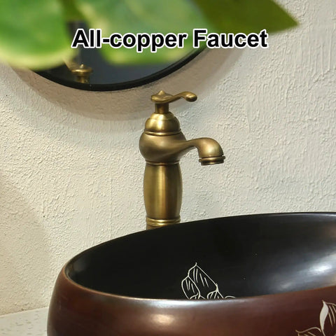 Oval Ceramic Vessel Sink for Bathroom Vanity, Retro Art Countertop Sink Bowl with Faucet close-up with all-copper faucet.