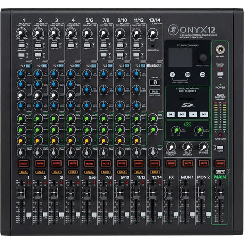 Front view of Onyx Series 12-Channel Premium Analog Mixer With USB Multi-Track Recording And SD Card Playback, 96kHz/24-Bit.