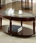 Oval coffee table with glass top and lower shelf, featuring 2 Inch Swivel Chair Casters With 5/16-18UNC Threaded Stem For Antique Look Furniture