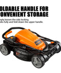 Electric Lawn Mower With 12 Amp Motor 19 Inch Deck 2 In 1 Mulch Or Side Discharge Six Cutting Heights, folded for storage