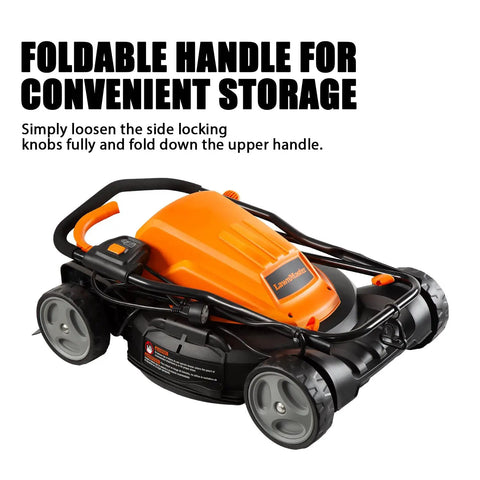 Electric Lawn Mower With 12 Amp Motor 19 Inch Deck 2 In 1 Mulch Or Side Discharge Six Cutting Heights, folded for storage
