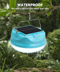 Go To Solar Camping Light For Tent Power Outages, Rechargeable LED Lantern hanging on a branch in rain, showing waterproof feature