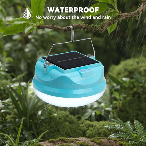 Go To Solar Camping Light For Tent Power Outages, Rechargeable LED Lantern hanging on a branch in rain, showing waterproof feature
