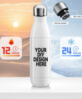Custom Personalized 17 Oz Stainless Steel Water Bottle With Solid Double Wall Vacuum Insulation And Truly Leak Proof Construction showing design area and temperature retention features.